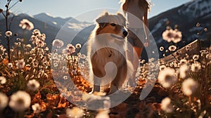 A hiker girl with her dog in the field. Flowers in the nature, blooming season, sun, spring colors.