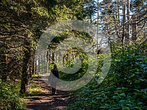 Hiker girl`s walking on a trail in the beautiful Forillon Natinal Park , Gaspesie, Quebec, Canada