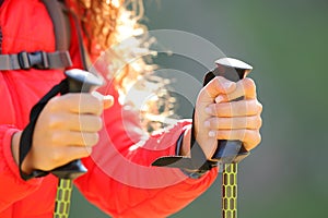 Hiker hands holding poles walking in the mountain