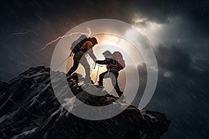 Hiker helping friend reach the mountaintop, snowstorm, lightning