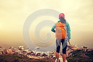 hiker hiking on seaside mountain peak rock