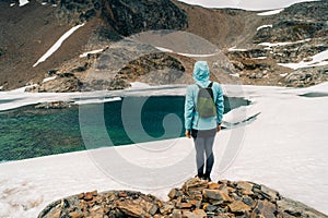 hiker on laguna 5 cinco hermanos in Ushuaia, Province of Tierra del Fuego, Argentina photo