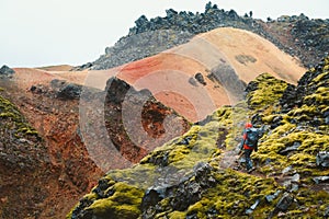 Hiker in Landmannalaugar highlands, Iceland