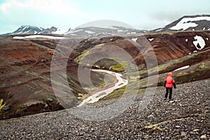 Hiker in Landmannalaugar highlands, Iceland