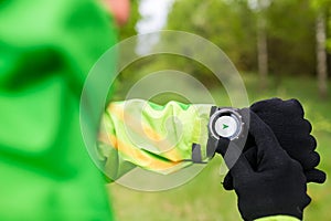 Hiker looking at sport gps smart watch