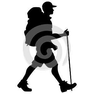 Hiker man with a backpack in a cap, black silhouette on a white background. Traveling in nature for a walk in the fresh air