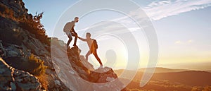 A hiker man helping his friend to reach the top of the hill in the mountain sunset. Success concept. Wilderness photograph