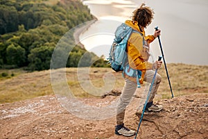 Hiker man hiking living healthy active lifestyle, Trekking male model walking