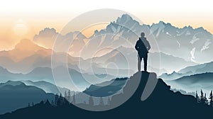 Hiker men in silhouette on hilltop at dawn, adventure in nature concept, banner, copy space