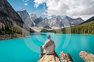 Hiker at Moraine Lake in Banff National Park, Alberta, Canada