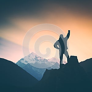 Hiker and the mountain. Instagram stylisation