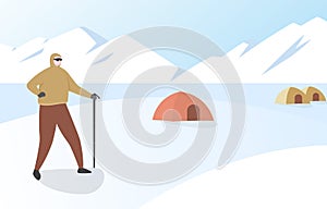 Hiker Mountaineer Man Standing on Top Ice Snow Mountain Flat Illustration