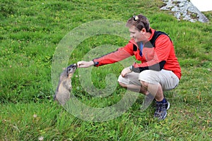 Hiker in the mountains with a curious marmot