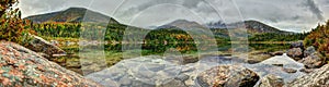 Hiker overlooking Basin Pond with autumn leaves