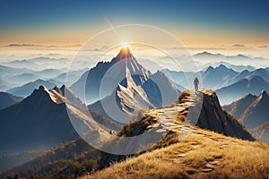 Hiker on the peak of the mountain at sunrise. Nature background