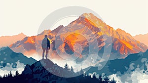 Hiker person in silhouette on hilltop at dawn, adventure in nature concept, banner, copy space