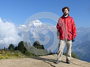 Hiker on Poon Hill, Dhaulagiri range, Nepal