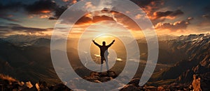 Hiker with raised hands standing on top of a mountain and enjoying the view