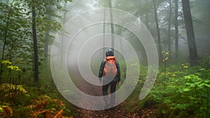 A hiker in a red coat and brown backpack walking on a mountain path in spring or fall. Hiker,