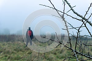 A hiker with red ruck sack standing in the distance in a out of focus. On a foggy, winters day in the countryside