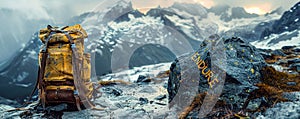 Hiker\'s backpack resting against a mountain rock with ENDURE painted on it amidst snowy peaks, embodying the spirit of photo