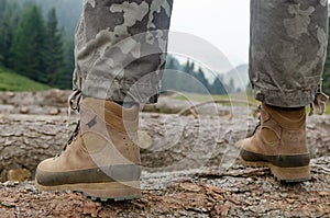 Hiker`s boots on a log