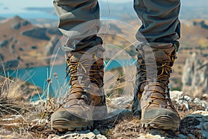 Hiker s feet atop mountain summit overlooking lake and river, embracing nature and adventure