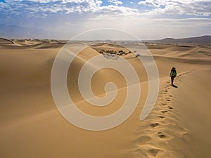 Hiker on Sand Dune Ridge, Death Valley National Park, Mesquite Flats