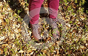 Hiker shoes on dirt spring footpath in forest on hiking trip.