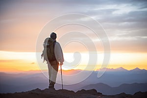 hiker silhouetted against a sunset on a mountaintop