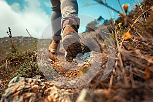 Hiker in sports shoes walking on the trail. Hiking endurance concept. AI Generated