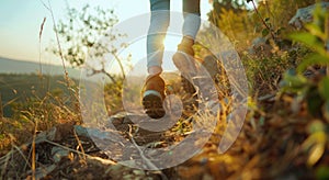 Hiker in sports shoes walking on the trail at sunset. Hiking endurance concept. AI Generated