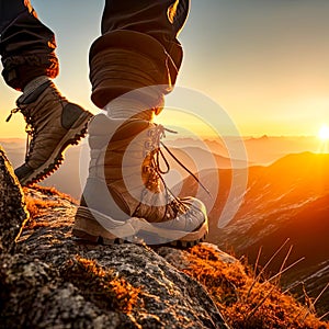 Hiker standing on mountain top on sunset background. Boot of man hiking in mountains. Generative AI