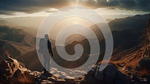 Hiker Standing on Top of Mountain with Beautiful Scenery AI Generative