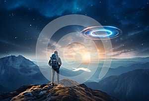 A hiker standing on top of a mountain at dusk, witnessing an encounter of the third kind: a giant alien spacecraft, UFO photo