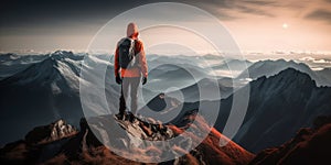 Hiker standing on top of mountain peak. Generative AI