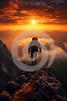 Hiker standing on top of mountain watching the sunset
