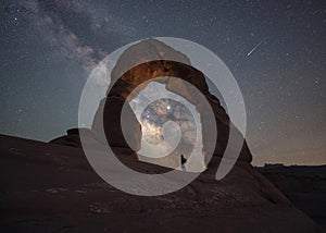 Hiker standing under Delicate Arch and the Night Sky