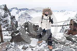 The hiker at the summit of Changbai mountain scenery, Jilin, China