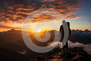 Hiker on the top of the mountain looking at the beautiful landscape sunset