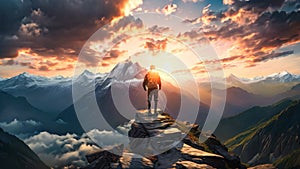 Hiker on the top of a mountain at sunset. 3d rendering, Magical Fantasy Adventure Composite of a man hiking on top of a rocky