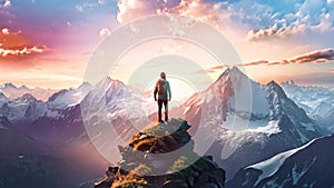 Hiker on the top of the mountain at sunset. Sport and active life concept, Magical Fantasy Adventure Composite of a man hiking on