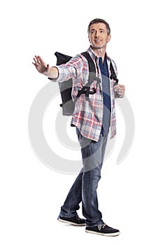 Hiker or Tour Guide with a Backpack on a White Background