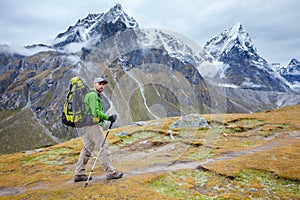 Hiker on the trek in Himalayas