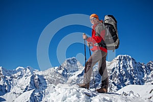 Hiker on the trek in Himalayas