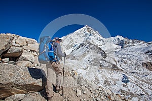 Hiker on the trek in Himalayas