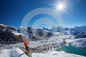 Hiker on the trek in Himalayas