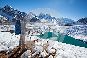 Hiker on the trek in Himalayas