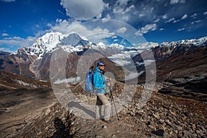 Hiker on the trek in Himalayas