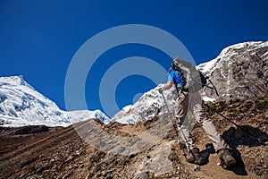 Hiker on the trek in Himalayas